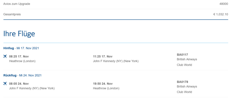 Upgrade Mit Avios Beispiel London New York