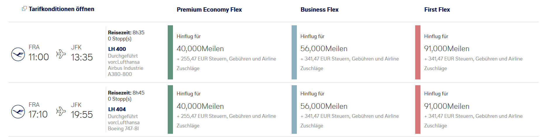 First Class Verfügbarkeiten der Lufthansa nach New Yoak bei Miles & More