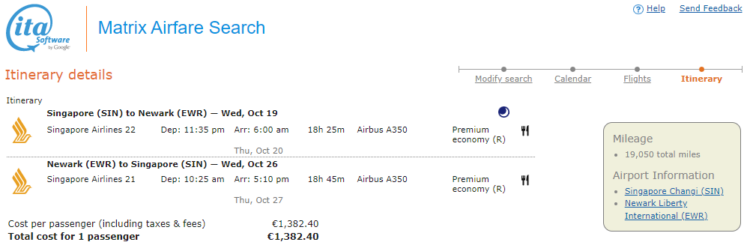 Ita Matrix Flug Singapore Airlines Premium Economy Class Sin Ewr Return