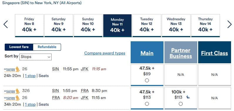 Alaska Mileage Plan Prämienflug Singapore Airlines Business Class Singapur nach New York