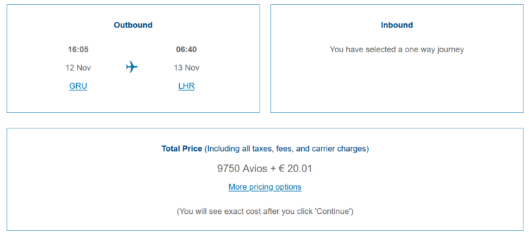 Avios Sale British Airways Economy Class Sao Paulo London