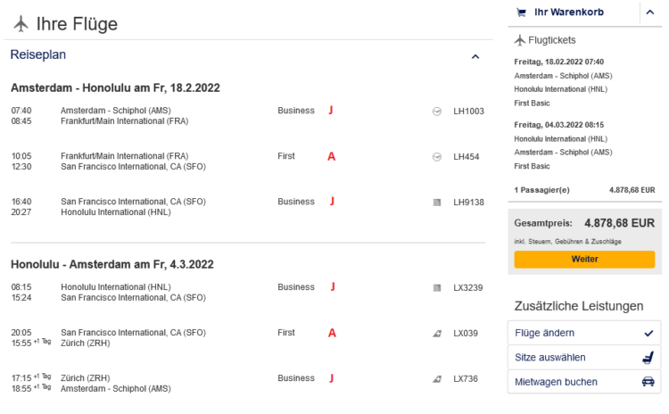 Lufthansa United First Class Flugpreis Ams Hnl