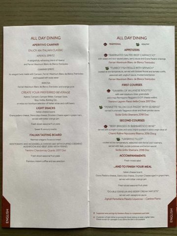 Alitalia Business Class Menu 2