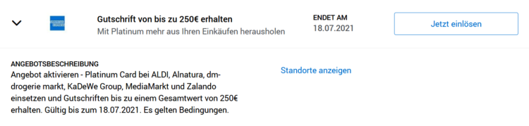American Express Platinum Shopping Guthaben 250 Euro Januar 2021