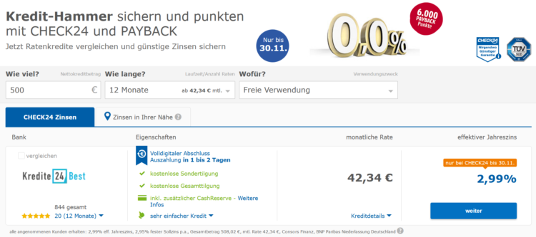 Check24 Kredit 6000 Payback Punkte November 2020