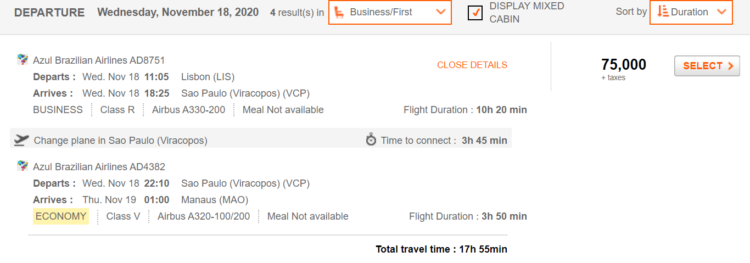 Prämienflug von Aeroplan von Lissabon über Sao Paulo nach Manaus mit Azul