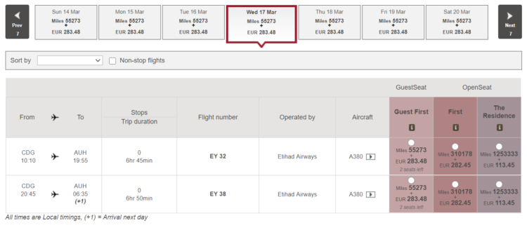Etihad Guest Award Ticket Preis First Class Paris Abu Dhabi