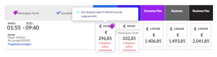 Alle Tarife werden inkl. Rabatt bei Air Europa ausgewiesen