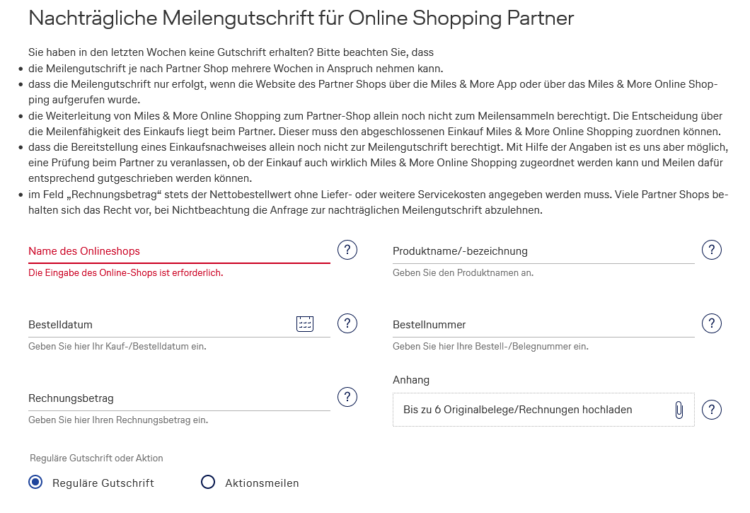 Miles And More Nachtraegliche Meilengutschrift Online Shopping