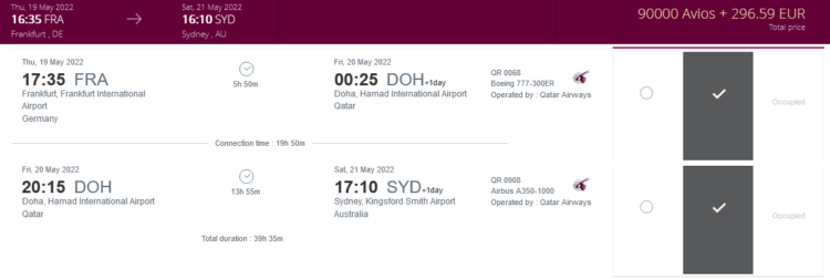 Privilege Club Praemienflug Qatar Airways Business Class Fra Doh Syd