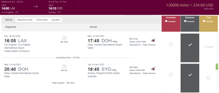 Privilege Club Praemienflug Qatar Airways Business Class Lax Doh Syd
