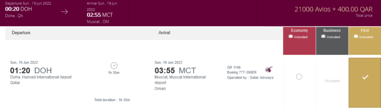 Privilege Club Praemienflug Qatar Airways First Class Doh Mct
