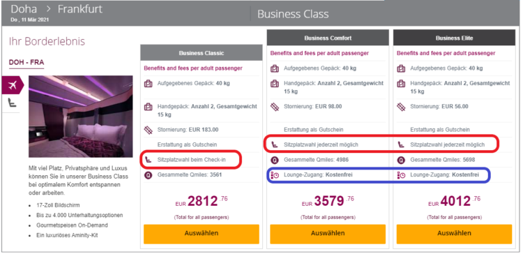 Qatar Airways Business Class Übersicht der neuen Tarifstruktur