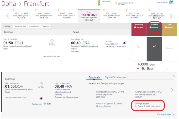Qatar Airways Loungezugang Business Class Praemienticket