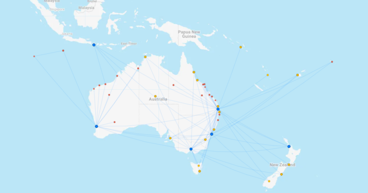 Virgin Australia Streckennetz dargestellt mit Flightconnections