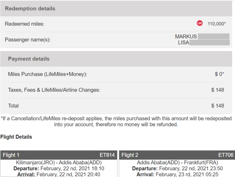 LifeMiles Buchung Ethiopian Airlines Business Class