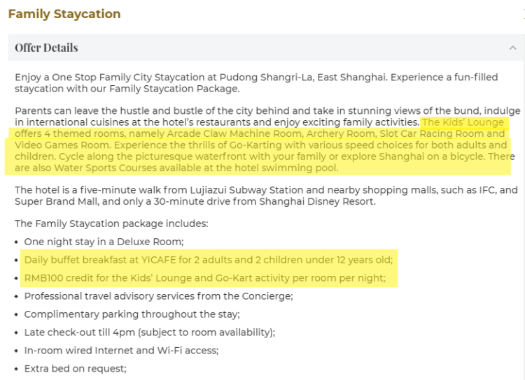 Shangri La Pudong Family Rate Description