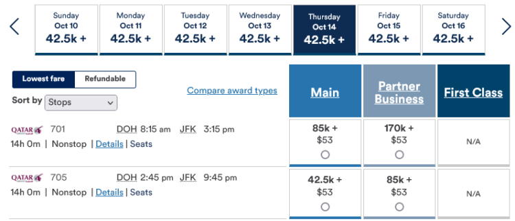 Mileage Plan Praemienflug Qatar Airways Doh Jfk