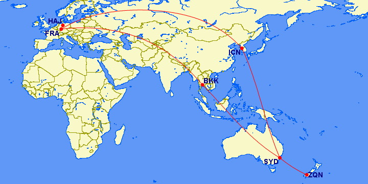 Great Circle Mapper Haj Fra Bkk Syd Zqn Syd Icn Fra Haj