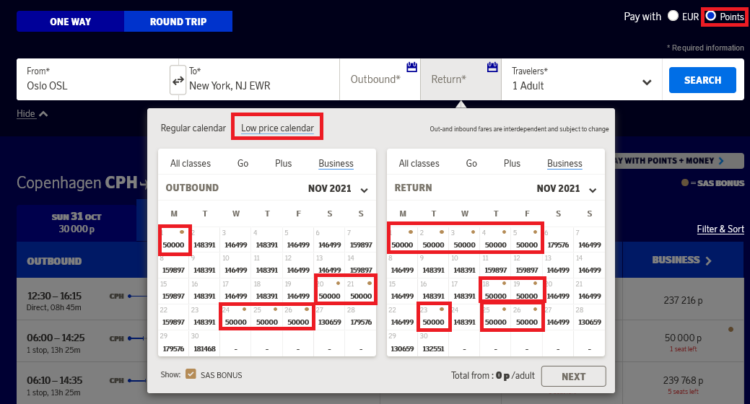 Sas Business Class Verfuegbarkeiten Oslo New York November 2021