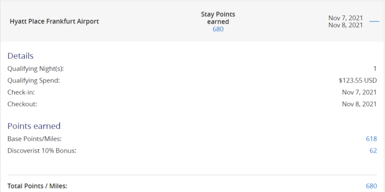 Screenshot Gesammelte Punkte Hyatt Place Aiport Frankfurt