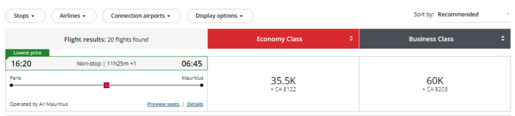 Praemienflug Air Canada Aeroplan Air Mauritius