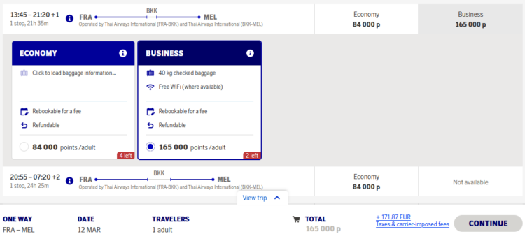 Eurobonus Praemienflug Thai Airways Business Class Frankfurt Bangkok Melbourne