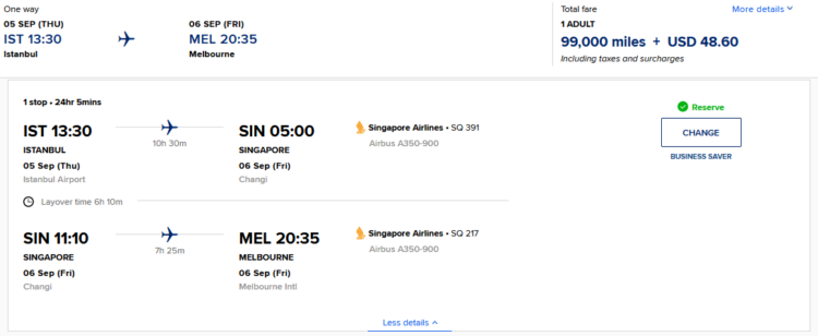 Krisflyer Praemienflug Singapore Airlines Business Class Istanbul Singapur Melbourne