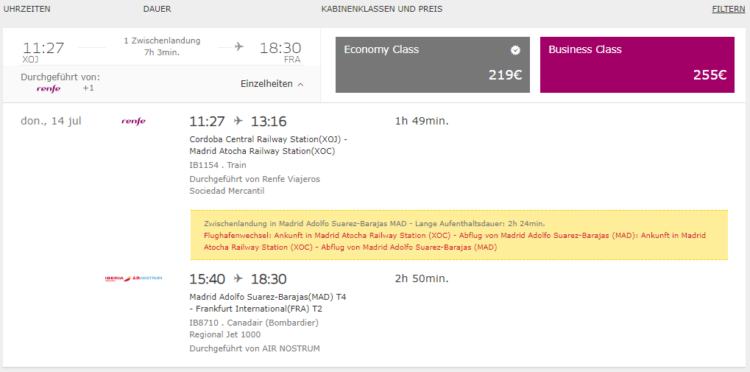 Iberia Train And Fly Buchen Ergebnisse Cordoba Frankfurt