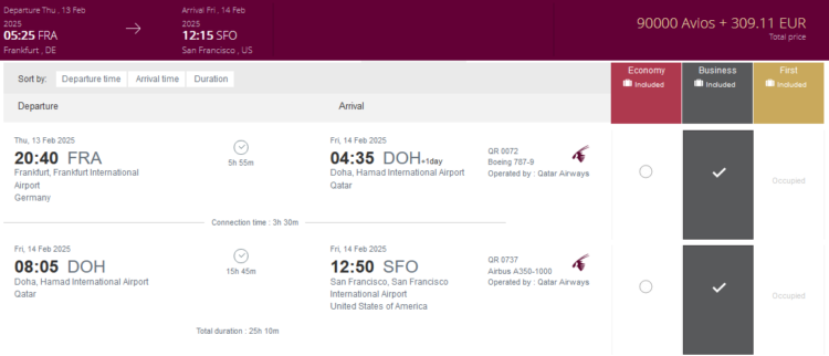 Privilege Club Praemienflug Qatar Airways Business Class Frankfurt Doha San Francisco