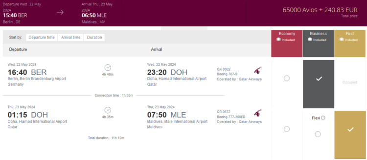 Privilege Club Praemienflug Qatar Airways Business First Class Berlin Doha Male