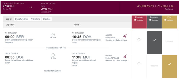 Privilege Club Praemienflug Qatar Airways Business First Class Berlin Doha Muskat