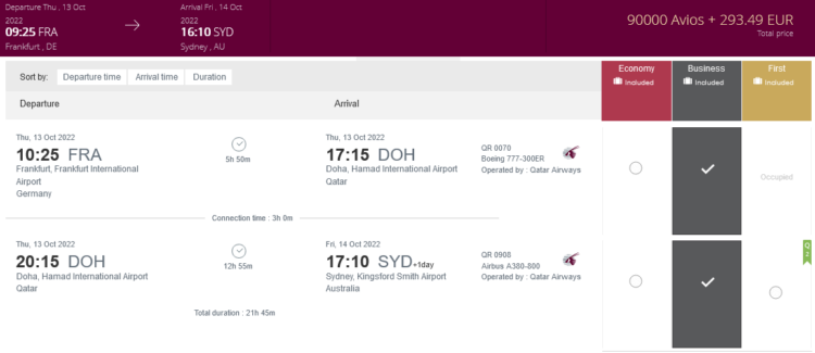 Privilege Club Praemienflug Qatar Business Class Fra Doh Syd