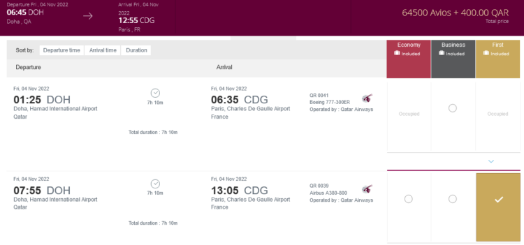 Privilege Club Praemienflug Qatar Airways First Class Doha Paris