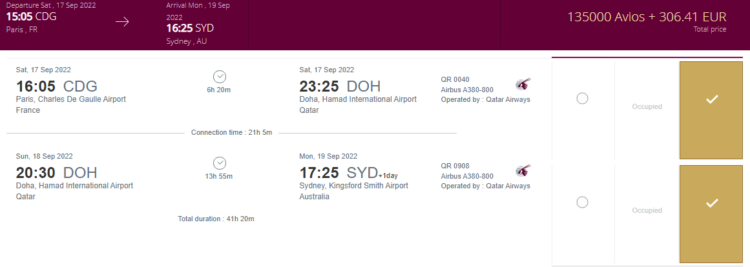 Privilege Club Praemienflug Qatar First Class Paris Doha Sydney