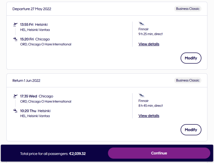 Finnair Business Class Flug Helsinki Chicago