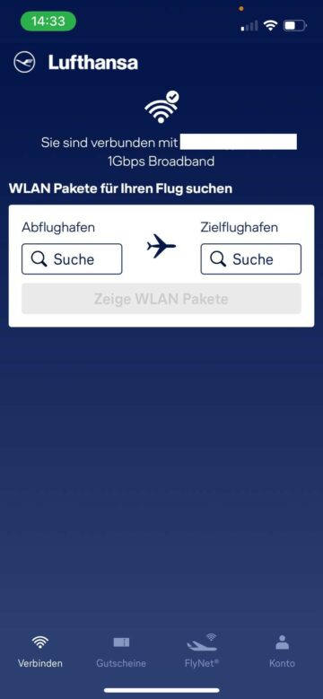 Lufthansa Flynet App Startseite