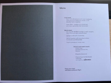 Swiss First Class Airbus A330 Snack Menu