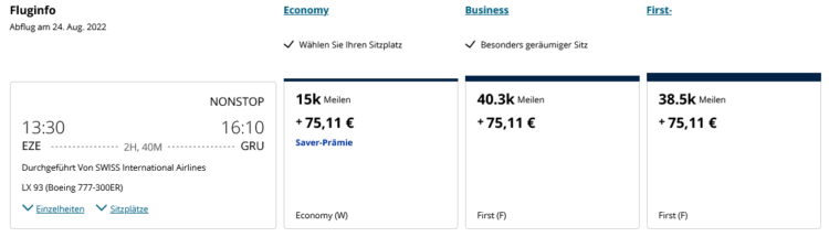 United Mileage Plus Praemienflug Swiss First Class Eze Gru