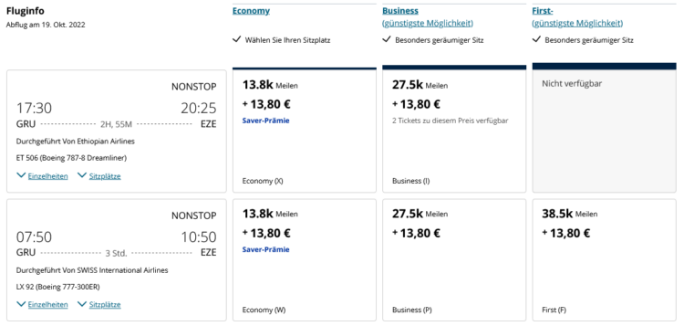 United Mileage Plus Praemienflug Swiss First Class Gru Eze