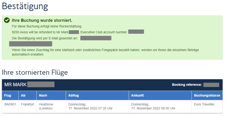 Executive Club Buchung Stornieren Bestaetigung