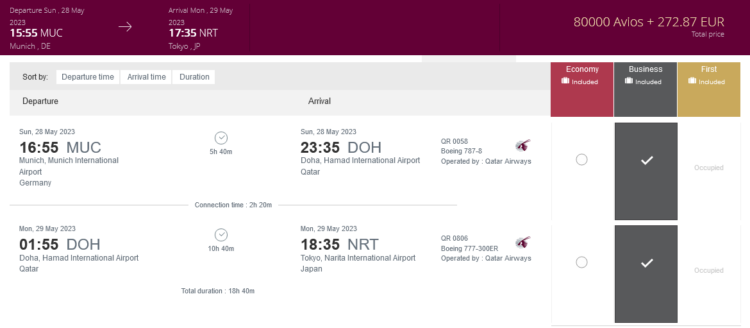Privilege Club Praemienflug Qatar Business Class Muenchen Doha Narita