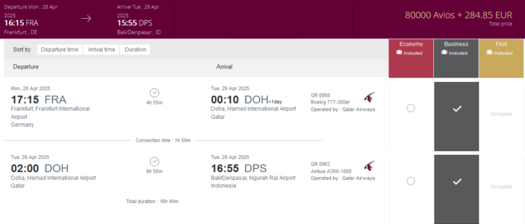 Privilege Club Praemienflug Qatar Airways Business Class Frankfurt Doha Denpasar