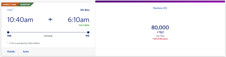 Skymiles Praemienflug China Airlines Business Class Frankfurt Taipeh