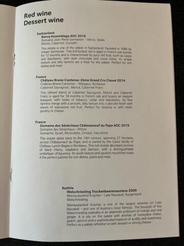 Swiss First Class Getraenke Menu Zuerich Narita 4