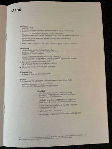 Swiss First Class Menu Zuerich Narita 2