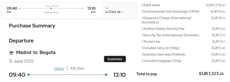 Avianca Gold Status Beispielbuchung Madrid Bogota Juni 2025