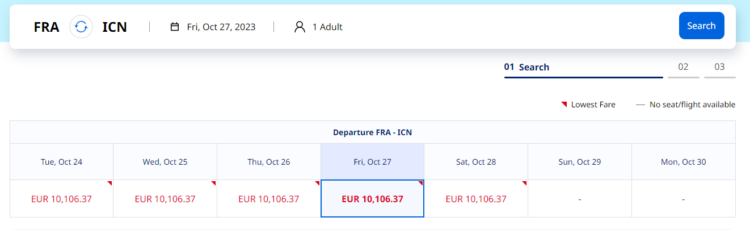 Suchabfrage Korean Air Frankfurt Seoul First Class Oktober 2023