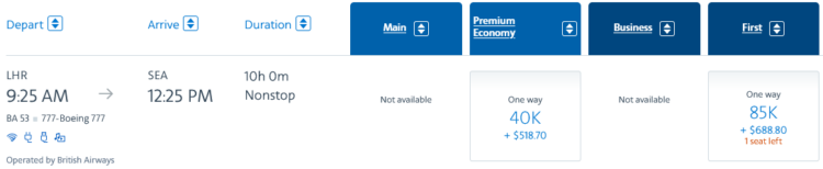 Aadvantage Praemienflug British Airways First Class London Seattle