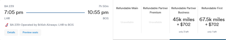 Mileage Plan Praemienflug British Airways First Class London Boston